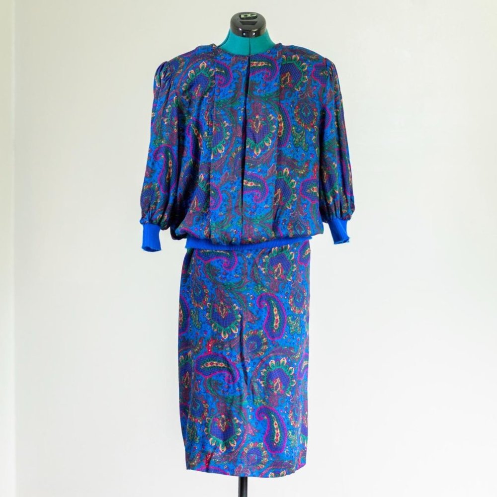 Vintage 1980s Skirt and Blouse Set Blue Paisley Size 20